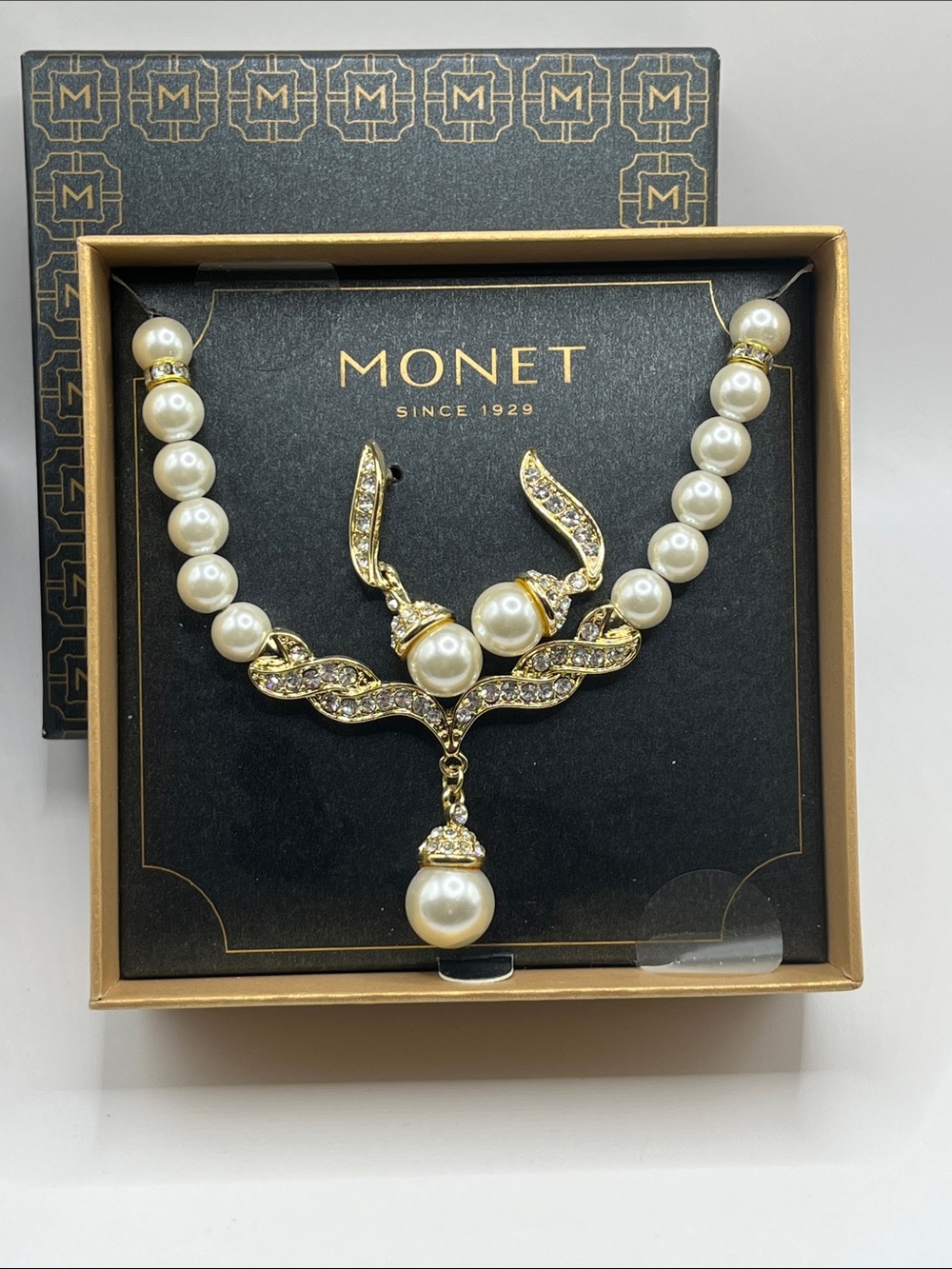 Monet Gold-Tone Faux Pearl Necklace with Crystal Accents NIB
